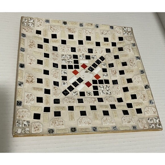 Large Vintage Mosaic  Tile  platter, White Red Black Gold square tiles MCM - Picture 2 of 16
